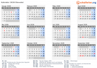 Kalender 2028 mit Ferien und Feiertagen Slowakei