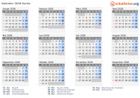 Kalender 2028 mit Ferien und Feiertagen Syrien