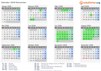 Kalender 2028 mit Ferien und Feiertagen Beneschau