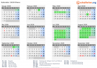 Kalender 2028 mit Ferien und Feiertagen Blanz