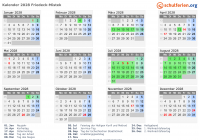 Kalender 2028 mit Ferien und Feiertagen Friedeck-Mistek
