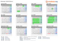 Kalender 2028 mit Ferien und Feiertagen Ostrau