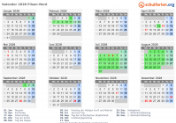 Kalender 2028 mit Ferien und Feiertagen Pilsen-Nord