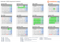 Kalender 2028 mit Ferien und Feiertagen Ungarisch Hradisch