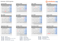 Kalender 2028 mit Ferien und Feiertagen Uganda