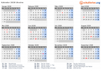 Kalender 2028 mit Ferien und Feiertagen Ukraine