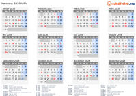 Kalender 2028 mit Ferien und Feiertagen USA