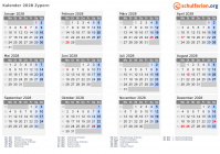 Kalender 2028 mit Ferien und Feiertagen Zypern