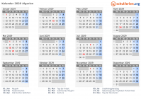 Kalender 2029 mit Ferien und Feiertagen Algerien