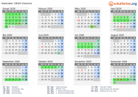 Kalender 2029 mit Ferien und Feiertagen Victoria
