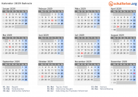 Kalender 2029 mit Ferien und Feiertagen Bahrain