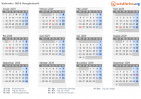 Kalender 2029 mit Ferien und Feiertagen Bangladesch