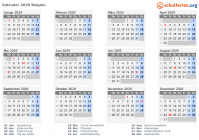 Kalender 2029 mit Ferien und Feiertagen Belgien