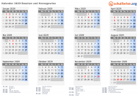 Kalender 2029 mit Ferien und Feiertagen Bosnien und Herzegowina