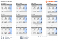 Kalender 2029 mit Ferien und Feiertagen China