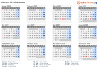 Kalender 2029 mit Ferien und Feiertagen Dänemark