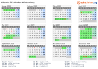 Kalender 2029 mit Ferien und Feiertagen Baden-Württemberg