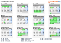 Kalender 2029 mit Ferien und Feiertagen Bremen