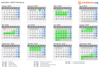 Kalender 2029 mit Ferien und Feiertagen Hamburg