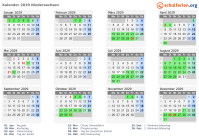 Kalender 2029 mit Ferien und Feiertagen Niedersachsen