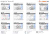 Kalender 2029 mit Ferien und Feiertagen Deutschland