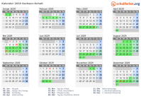 Kalender 2029 mit Ferien und Feiertagen Sachsen-Anhalt