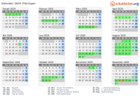 Kalender 2029 mit Ferien und Feiertagen Thüringen