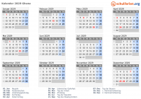 Kalender 2029 mit Ferien und Feiertagen Ghana