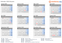Kalender 2029 mit Ferien und Feiertagen Guyana