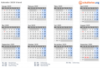 Kalender 2029 mit Ferien und Feiertagen Irland