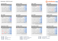 Kalender 2029 mit Ferien und Feiertagen Israel