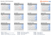 Kalender 2029 mit Ferien und Feiertagen Kirgisistan