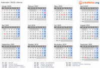 Kalender 2029 mit Ferien und Feiertagen Liberia