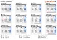 Kalender 2029 mit Ferien und Feiertagen Niger