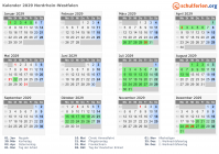 Kalender 2029 mit Ferien und Feiertagen Nordrhein-Westfalen