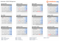 Kalender 2029 mit Ferien und Feiertagen Philippinen
