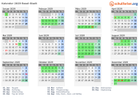 Kalender 2029 mit Ferien und Feiertagen Basel-Stadt