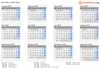 Kalender 2029 mit Ferien und Feiertagen Bern