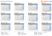 Kalender 2029 mit Ferien und Feiertagen Freiburg