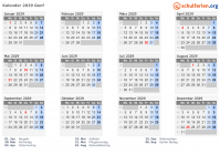 Kalender 2029 mit Ferien und Feiertagen Genf