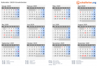 Kalender 2029 mit Ferien und Feiertagen Graubünden