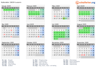 Kalender 2029 mit Ferien und Feiertagen Luzern