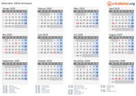 Kalender 2029 mit Ferien und Feiertagen Schweiz