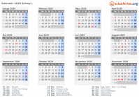 Kalender 2029 mit Ferien und Feiertagen Schwyz