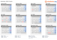 Kalender 2029 mit Ferien und Feiertagen Tessin