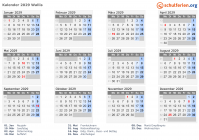 Kalender 2029 mit Ferien und Feiertagen Wallis