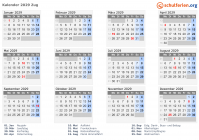 Kalender 2029 mit Ferien und Feiertagen Zug