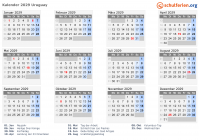 Kalender 2029 mit Ferien und Feiertagen Uruguay