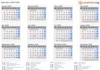 Kalender 2029 mit Ferien und Feiertagen USA