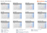Kalender 2030 mit Ferien und Feiertagen Albanien